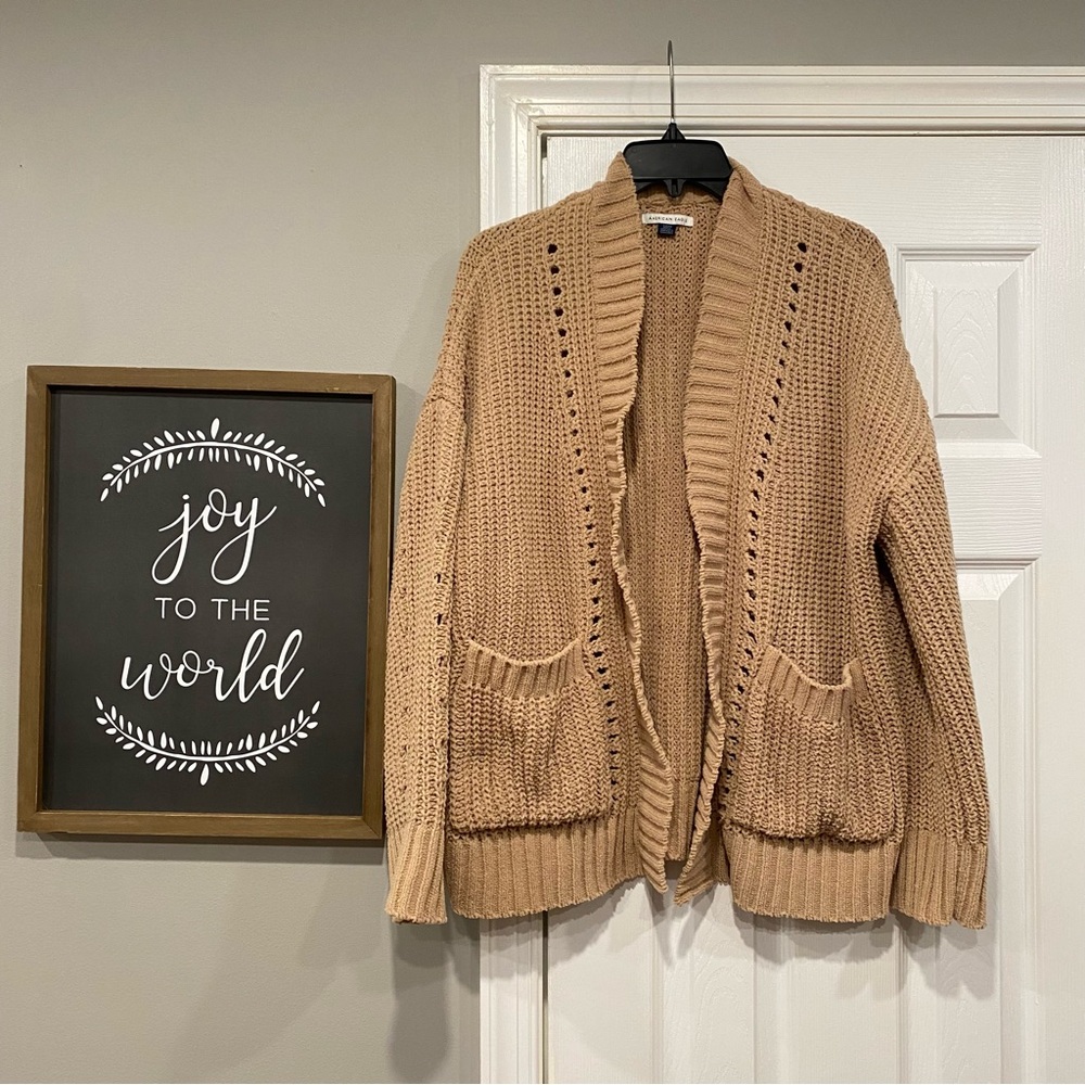 American Eagle AE Open Front Chenille Cardigan Sweater Camel Tan Small